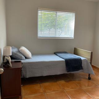 A cozy and minimalist bedroom featuring a single bed, bedside lamp, and a bright window.