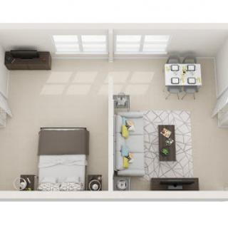 A top-down view of a well-organized living space featuring a cozy seating area and dining table.