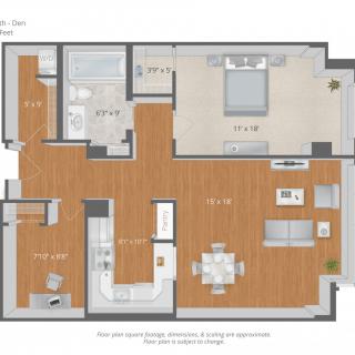 A detailed floor plan of an apartment showing the layout of rooms and furniture arrangement.