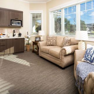 A cozy living room with a sofa, armchair, and kitchenette, filled with natural light from large windows.
