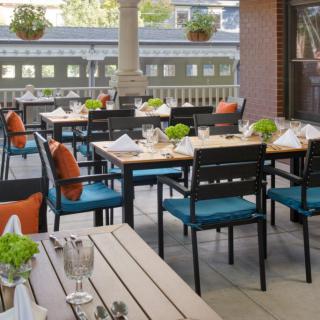 An inviting outdoor patio at a restaurant with neatly arranged tables and chairs, adorned with decorative cushions and table settings.