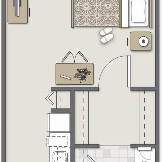 A detailed floor plan of a one-bedroom apartment, showcasing the layout and design.