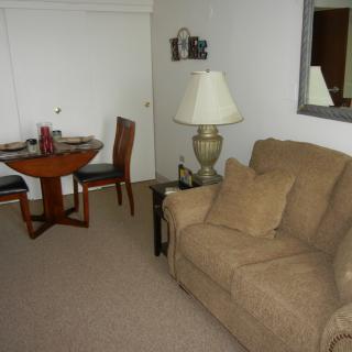 A cozy living room with a sofa, a round dining table, chairs, and a lamp.