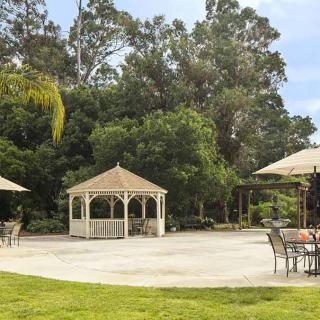 A serene outdoor patio with a gazebo and garden furniture surrounded by lush trees.