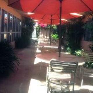 A sunny outdoor patio with red umbrellas, chairs, and tables.