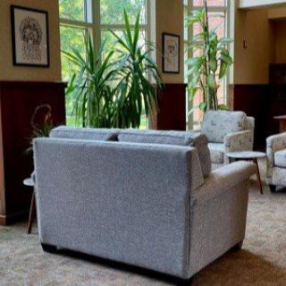 A cozy lobby area with sofas, chairs, and greenery by large windows.