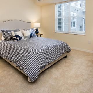 A cozy bedroom featuring a large bed with patterned bedding, a bedside lamp, and a window letting in natural light.