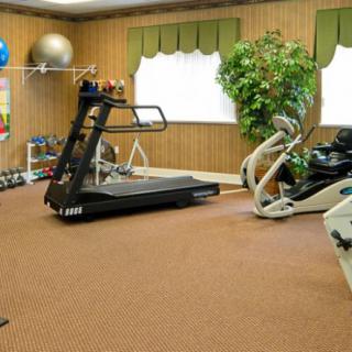 A home gym with various exercise equipment including a treadmill, stationary bike, and weights.