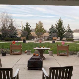 A cozy patio setup overlooking a landscaped backyard with chairs and evergreen trees.