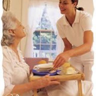 A caregiver assisting an elderly person with a meal at home.