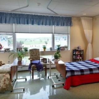 A cozy hospital room with two beds, chairs, and potted plants near a large window.