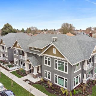 Suburban residential building with modern architectural design.