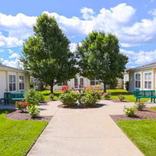 A sunny residential courtyard with a pathway, surrounded by trees and landscaped greenery.