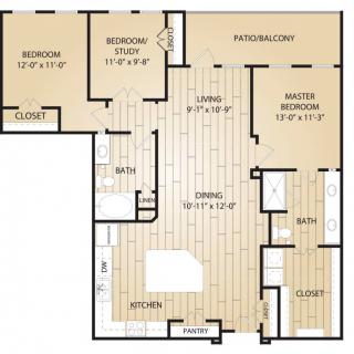 An apartment floor plan showing the layout of bedrooms, bathrooms, kitchen, living room, and dining area.