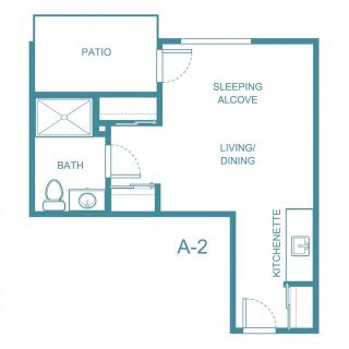 A floor plan of a studio apartment with labeled areas including a patio, bath, kitchen, and living/sleeping alcove.