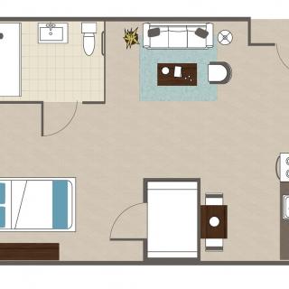 Apartment floor plan with a bedroom, bathroom, and living area.