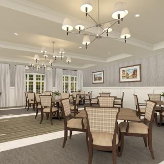 Elegant dining room with chandeliers and classic furniture.