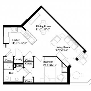 A floor plan of a one-bedroom apartment featuring a kitchen, dining area, living room, bathroom, and closets.