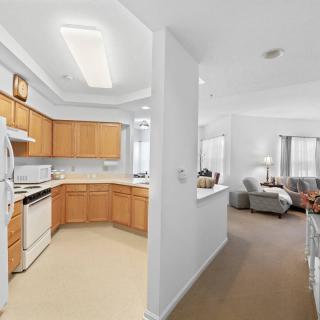 A cozy apartment interior featuring a kitchen with wooden cabinets and an adjacent living room area.