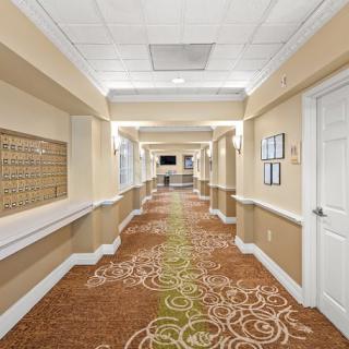A well-lit hallway with patterned carpet and multiple doors.