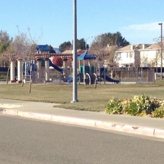 A sunny day at a neighborhood playground with slides and grassy areas.