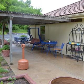 A cozy outdoor patio with a swing chair, tables, and potted plants under a covered area.