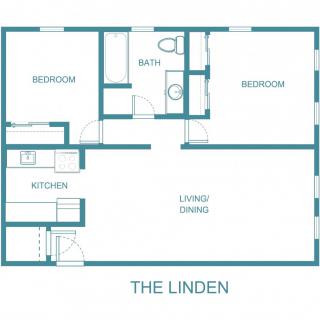 The Linden apartment floor plan featuring two bedrooms, a bath, kitchen, and living/dining area.