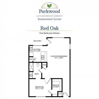 A floor plan of the 'Red Oak' one-bedroom apartment layout in Parkwood Retirement Community.