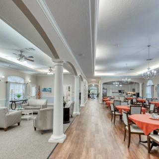 A modern communal dining area with elegant interior design.