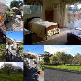 A collage of a cozy house with a beautiful garden and scenic views.