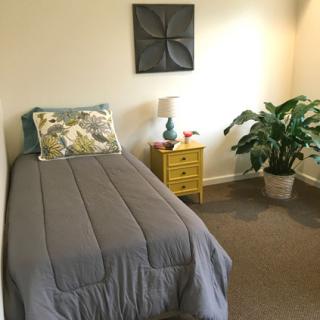 A cozy bedroom with a single bed, featuring gray bedding and a decorative pillow. A yellow nightstand with a lamp sits beside the bed, accompanied by a potted plant and wall art.