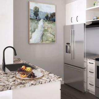 A modern kitchen with stainless steel appliances, a scenic painting, and a granite countertop adorned with a fruit platter.