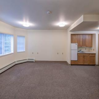 An empty apartment living room with a small kitchen area, featuring a carpeted floor and several windows.