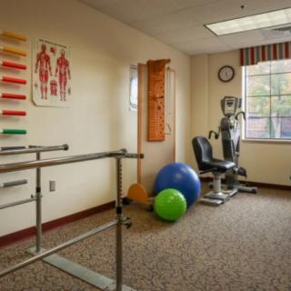 A physical therapy room equipped with exercise equipment, therapy bands, and yoga balls.