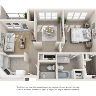 This is a 3D rendering of a one-bedroom apartment layout showing the living room, kitchen, dining area, bathroom, and bedroom.