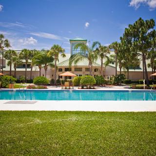 A beautiful resort with a swimming pool surrounded by palm trees and greenery under a clear blue sky.