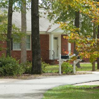 A suburban brick house surrounded by tall trees and a neat driveway during autumn.