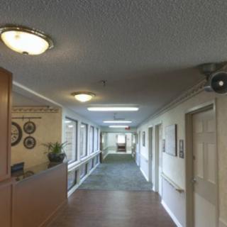 A well-lit hallway with decorative elements and wooden flooring.