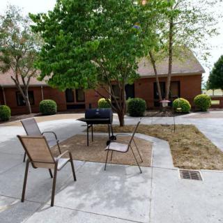 A peaceful outdoor patio area with chairs and a table under a tree in a courtyard.
