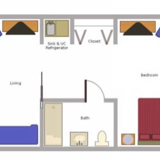 A simple floor plan of a small apartment featuring a living area, bedroom, bathroom, and kitchen.