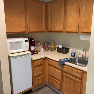 A small kitchen area with wooden cabinets, a microwave, and a mini refrigerator.