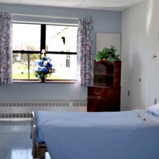 A clean and simple room with blue bedding, a window with curtains, and a vase of flowers.
