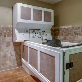 A dog grooming station featuring a specialized tub and tiled walls.