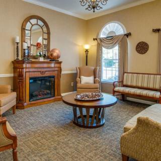 A cozy living room featuring a warm fireplace, elegant furniture, and tasteful decor.