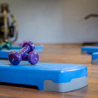 A gym setting featuring a purple dumbbell on a blue step platform.