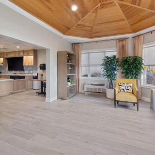 A modern open-plan living area featuring a wooden ceiling, connected kitchen, and large windows with natural lighting.