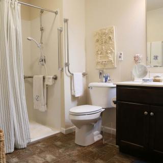 An accessible bathroom with a shower, toilet, and sink featuring grab bars for safety.