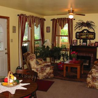 A cozy living room with vintage-style furniture and decorative elements, including plants and a small dining area.