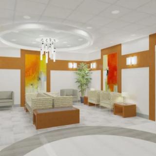 A modern lobby with comfortable seating, vibrant abstract art, and a central chandelier.