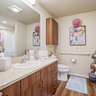 A modern bathroom with a sink, mirror, and wooden cabinets, featuring colorful artwork and neatly arranged toiletries.